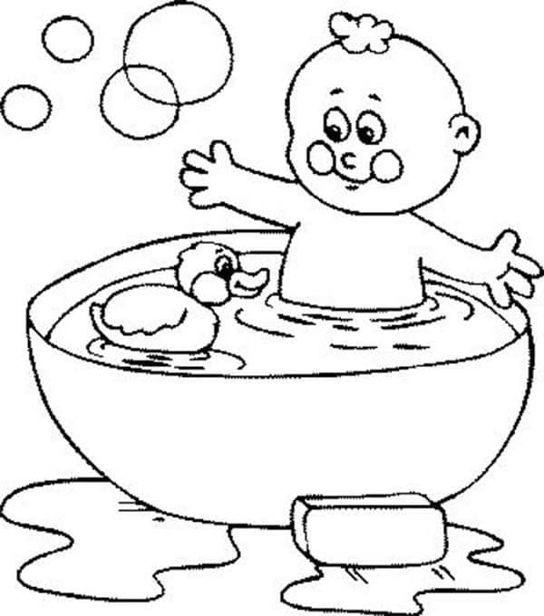 Baby and rubber duck coloring page