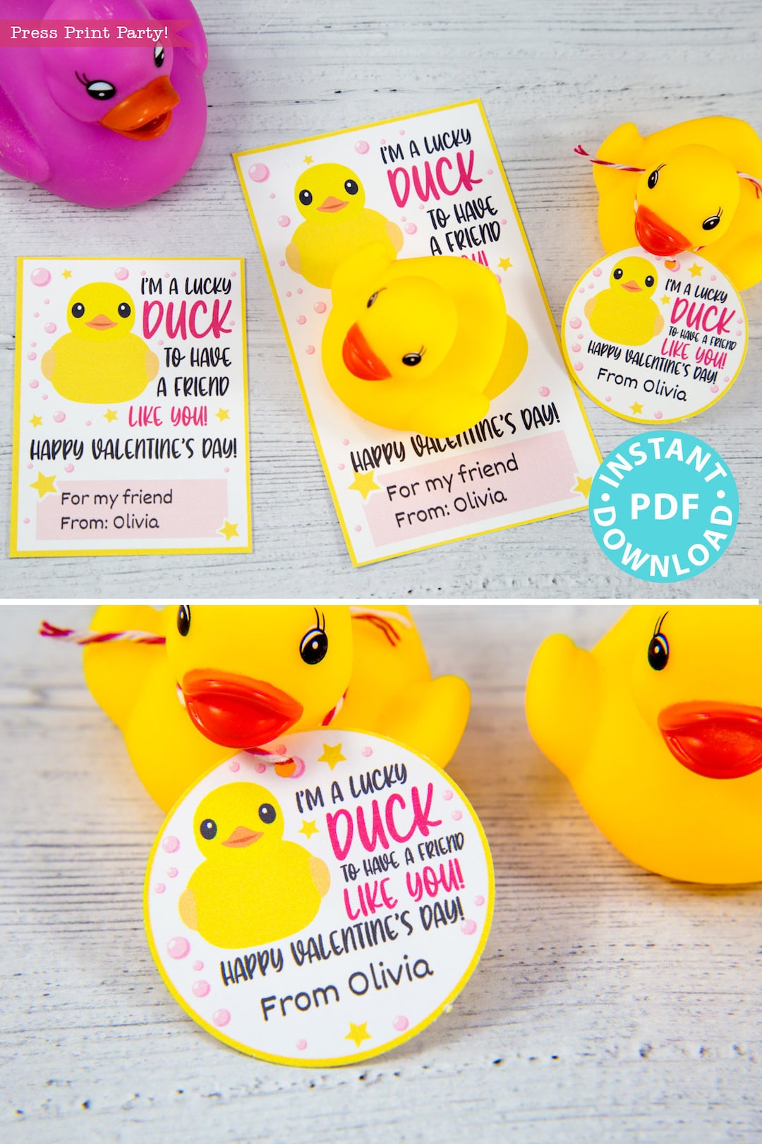 Rubber duck kids valentine card printable im a lucky duck to have a friend like you tag pink for girls for school instant download