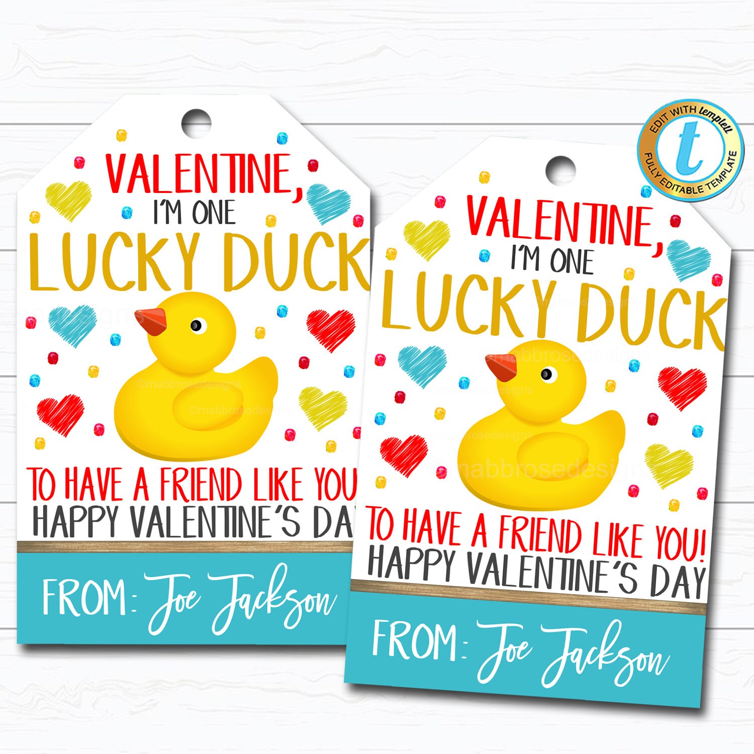 Valentine lucky duck tags rubber ducky kid friend valentine tag elementary classroom school teacher staff valentine diy editable template