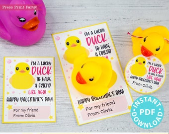 Rubber duck kids valentine card printable im a lucky duck to have a friend like you tag pink for girls for school instant download