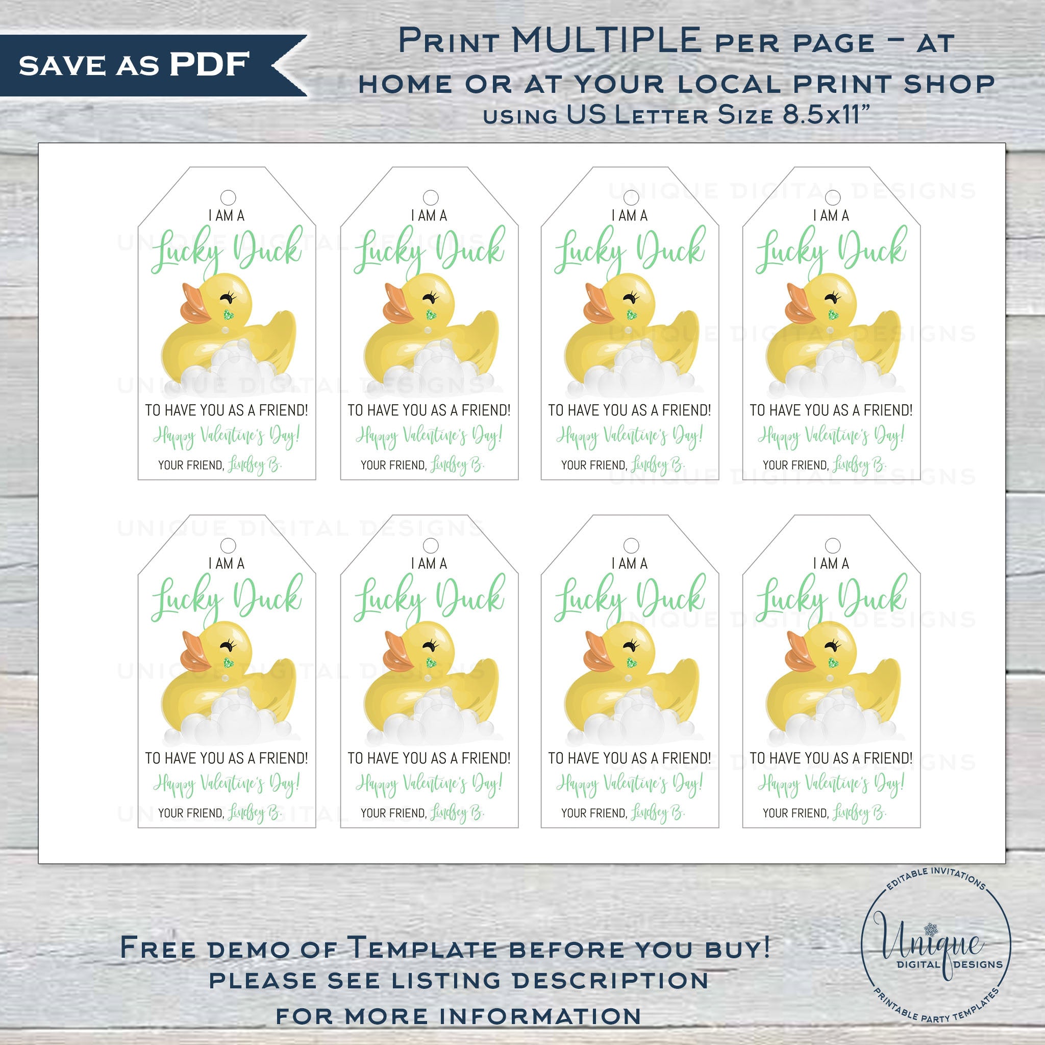 Editable valentine lucky duck tags kid friend rubber ducky valentine