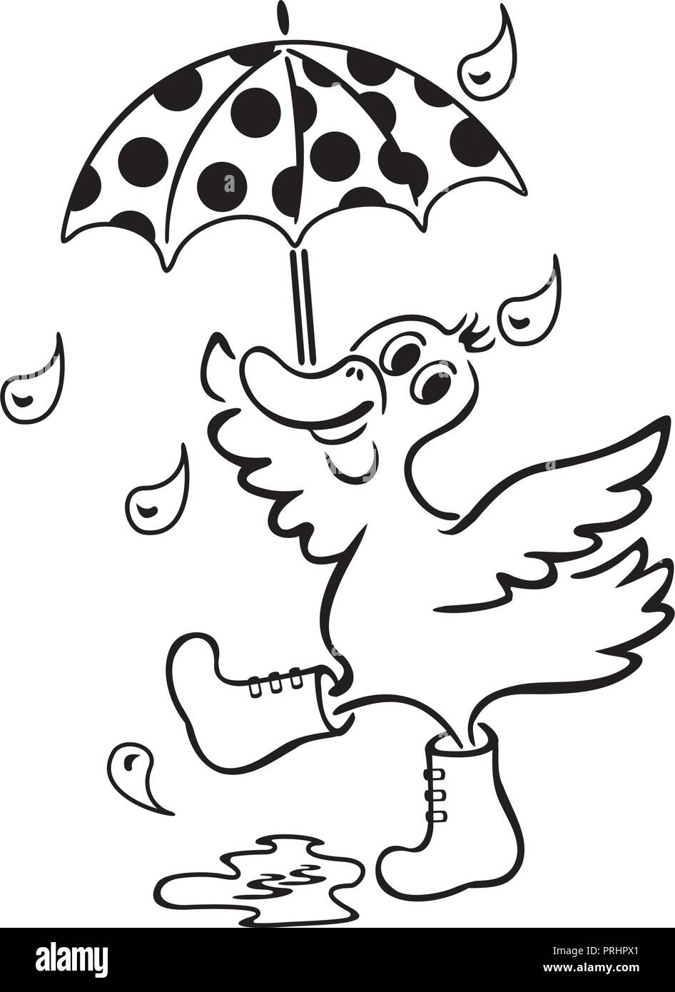 Duck with an umbrella hand drawn black and white children adults color vector illustrationcoloring book stock vector image art