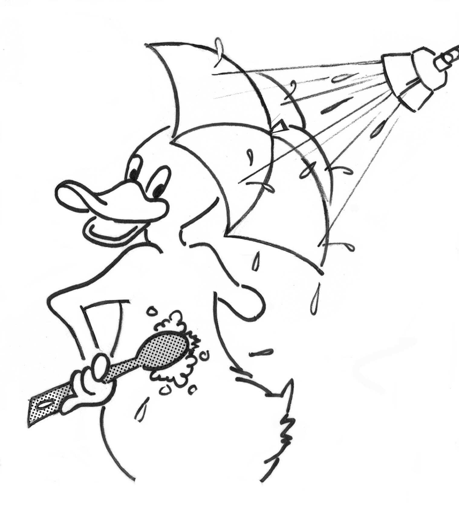 Cartoon duck with umbrella takes a shower coloring page
