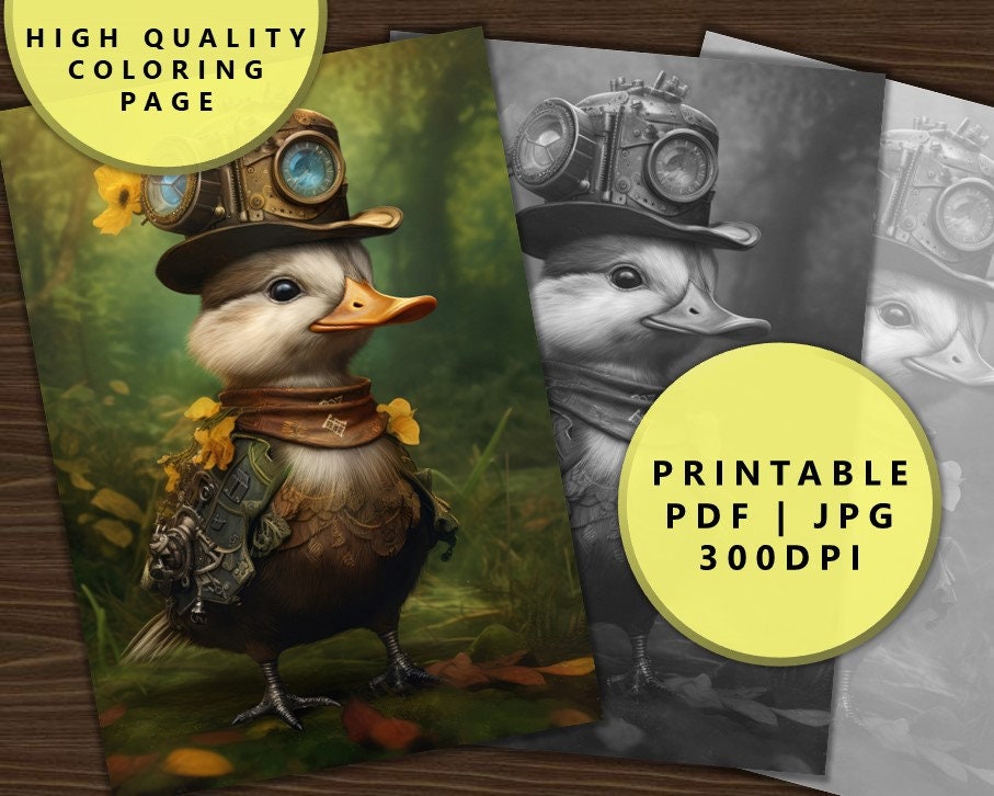Adorable duck coloring page cute steampunk coloring page whimsical animal coloring sheets grayscale illustration instant digital download