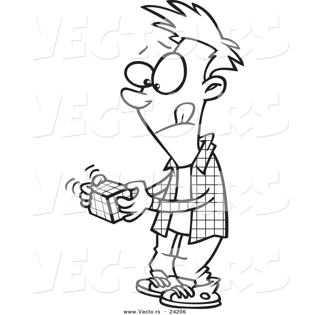 R of a cartoon boy working on a rubiks cube