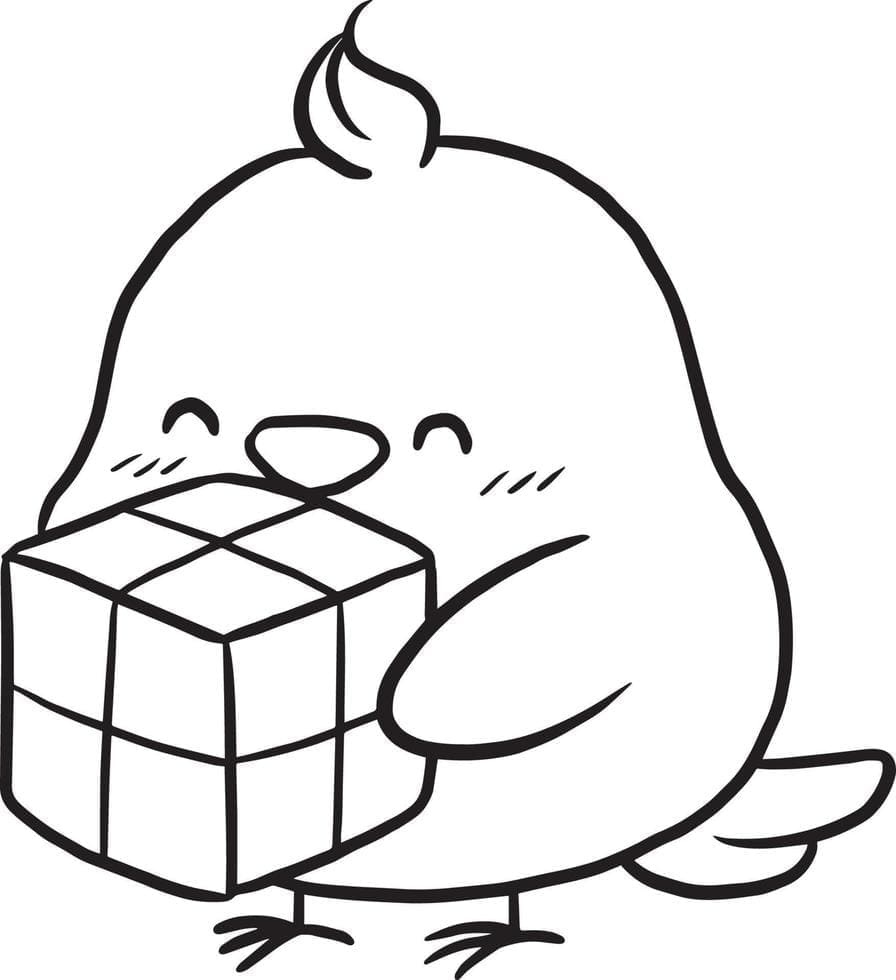 Cute bird and rubiks cube coloring page