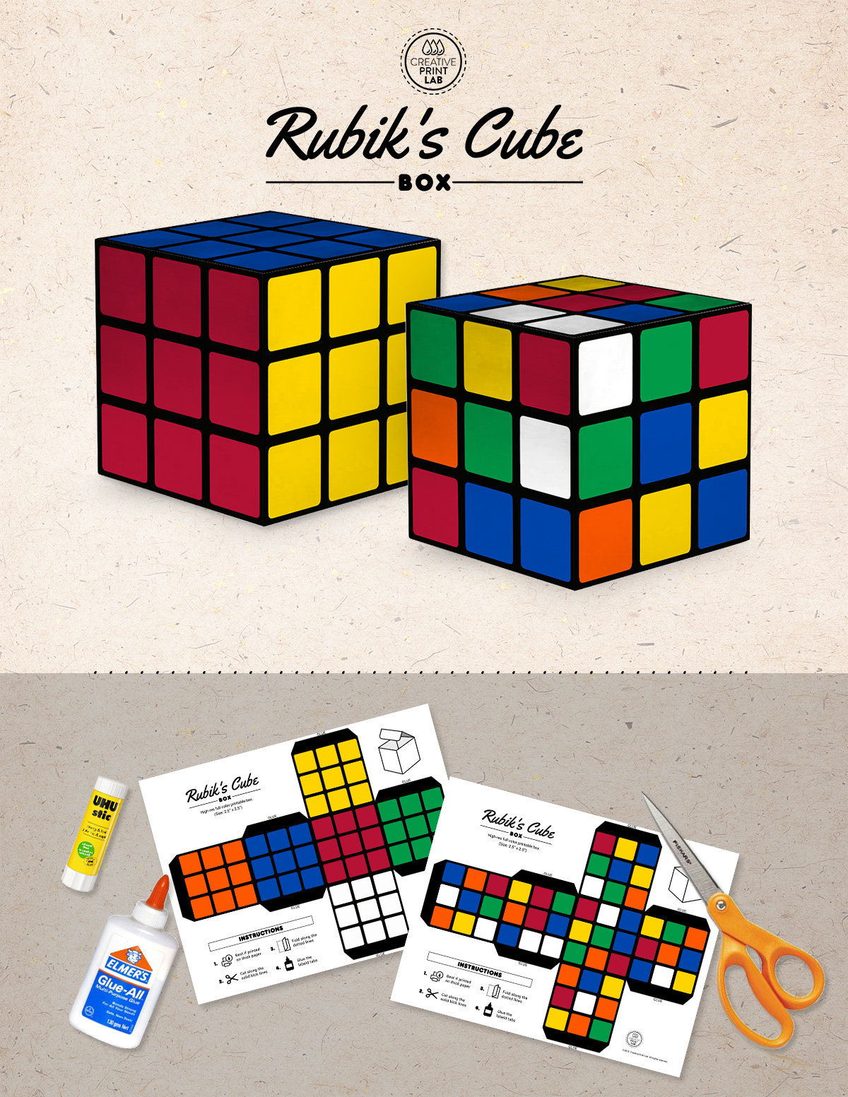 Printable digital rubiks cube fun and colorful gift box kids crafts instant download do it yourself favor box diy paper crafting