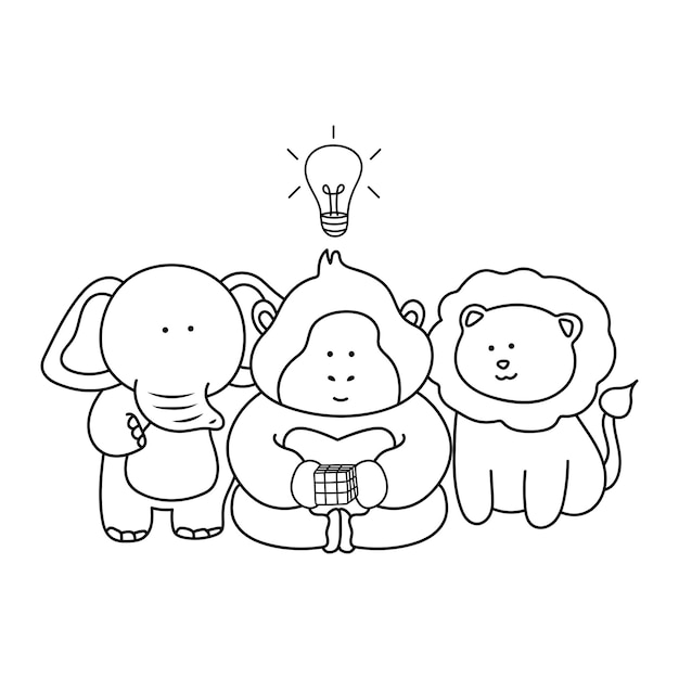 Premium vector hand drawn color children cute animals playing rubik cube