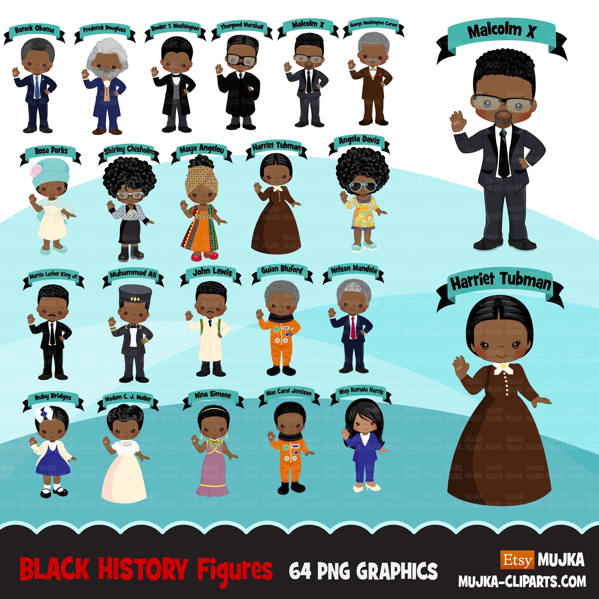 Black history figures clipart bundle malcolm x kamala harris barack â mujka cliparts