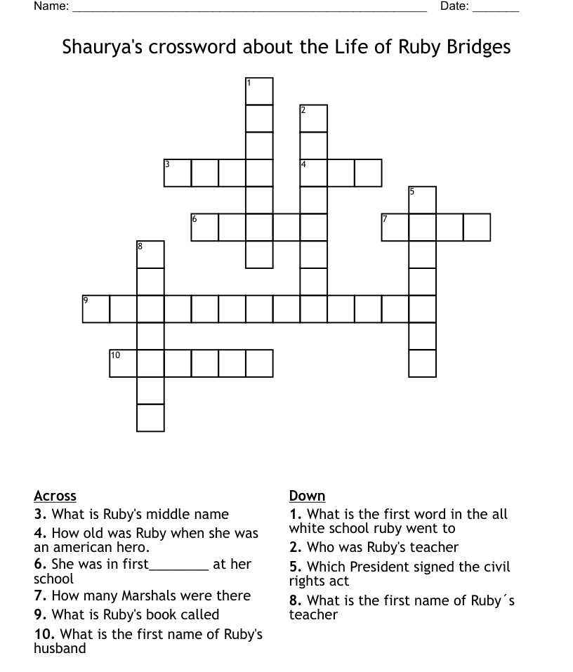Shauryas crossword about the life of ruby bridges