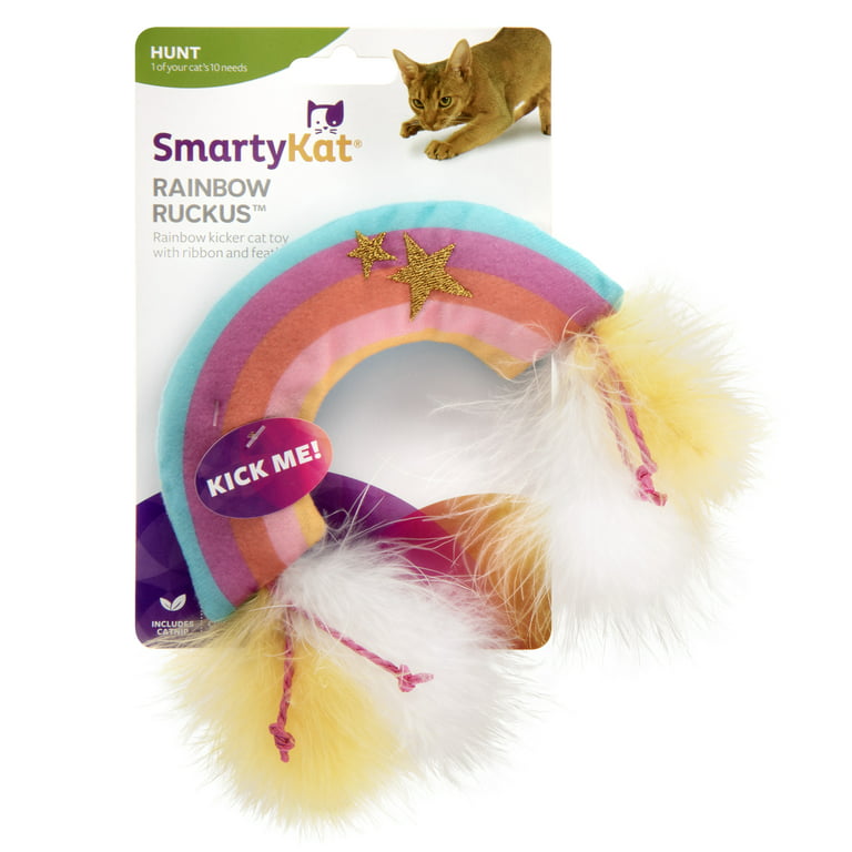 Smartykat rainbow ruckus catnip kicker cat toy with raffia feathers multi