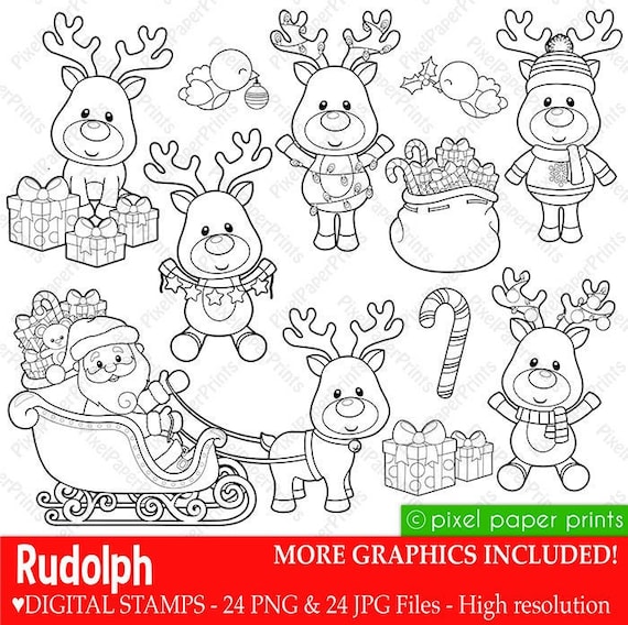 Rudolph reindeer digital stamps christmas clipart line art graphics for coloring pages worksheets crafts more printable png
