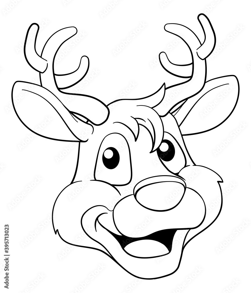 A cute christmas santas reindeer cartoon character in black and white outline like a coloring book page vector