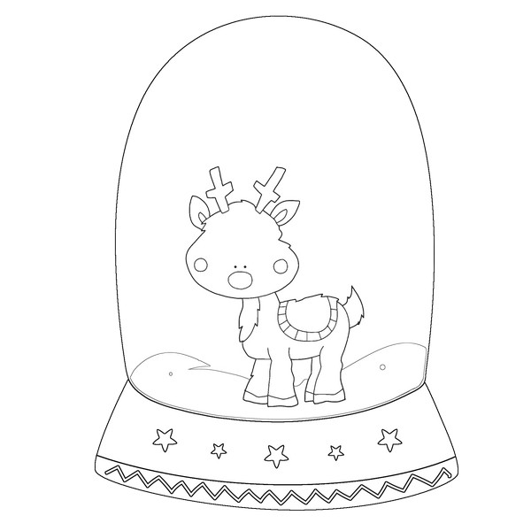 Rudolph the reindeer in a snow globe â black white clipart