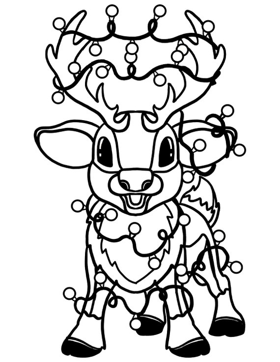Printable cute baby reindeer christmas lights santa deer rudolph digital download christmas coloring page download now
