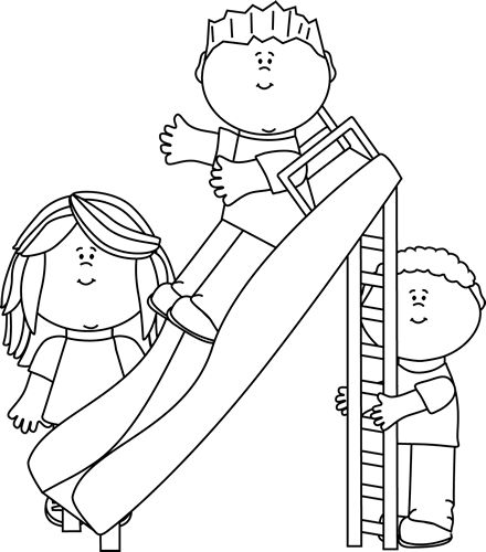 Black and white kids playing on a slide clip art
