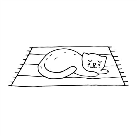 Vector isolated element in doodle style cat sleeps on home rug coloring book