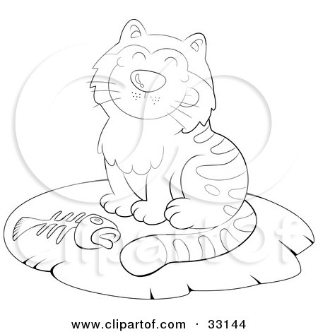 Clipart illustration of a grinning kitty cat sitting on a rug with a fishbone by yuhaizan yunus