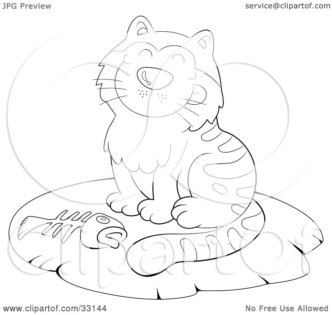 Clipart illustration of a grinning kitty cat sitting on a rug with a fishbone by yuhaizan yunus