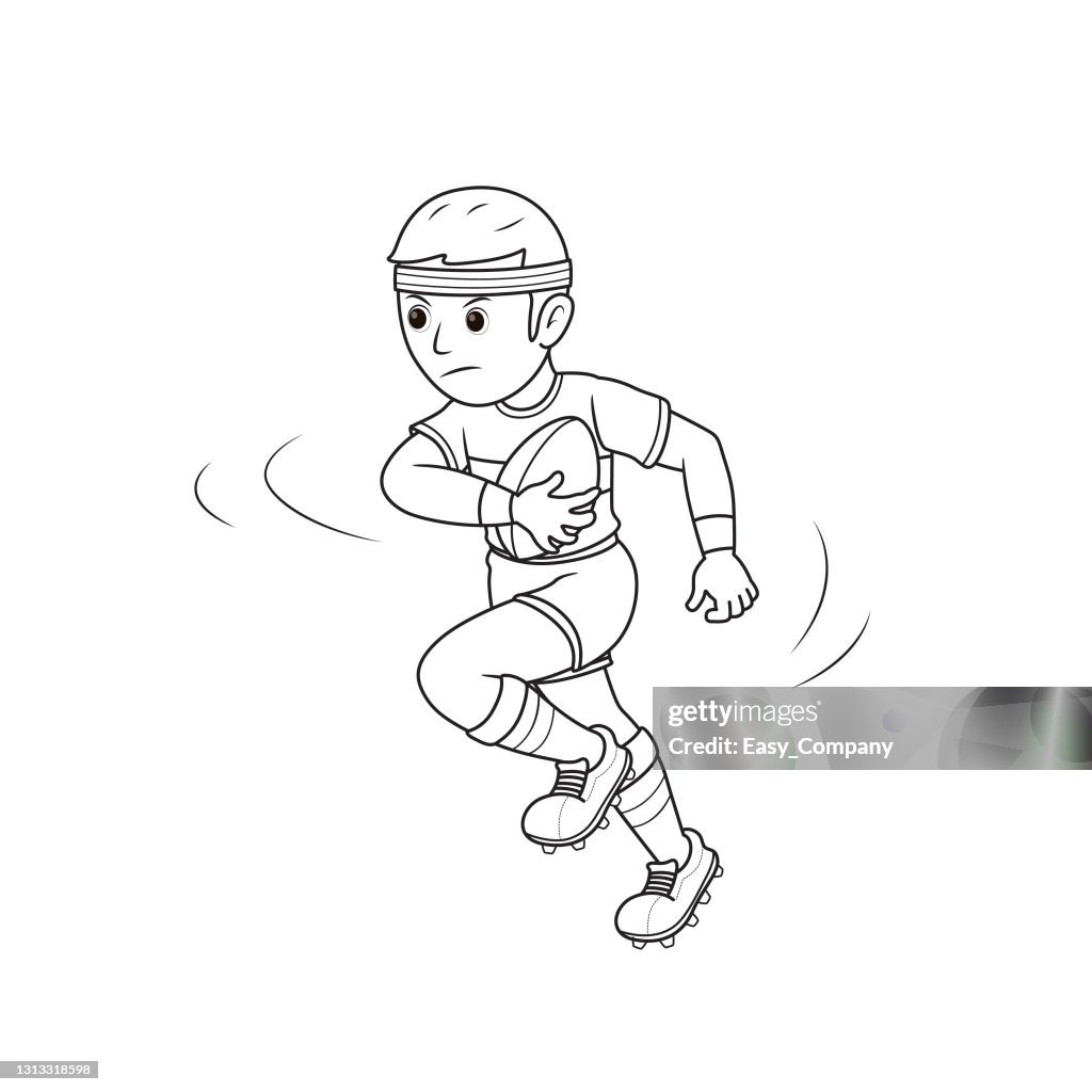 Vector illustration of young rugby athlete holding rugby ball with speed run isolated on white background kids coloring page drawing art first word flash card color cartoon character clipart high