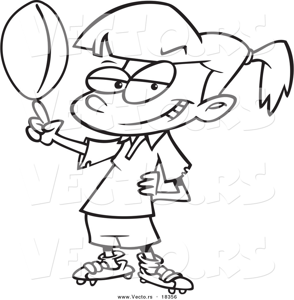 R of a cartoon girl spinning a rugby ball