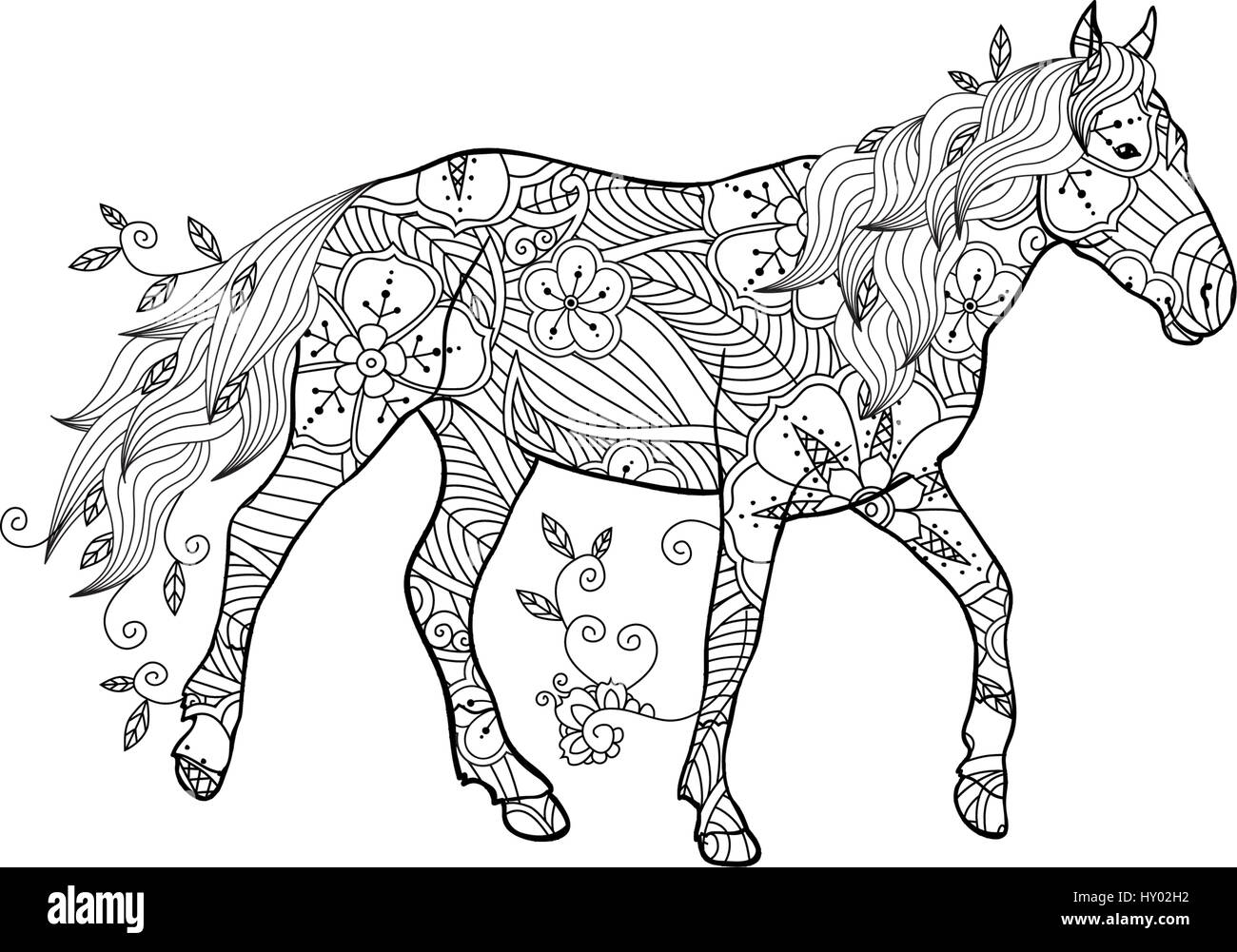 Coloring page in zentangle inspired style running horse ornate by flowers and leaves isolated on white background stock vector image art