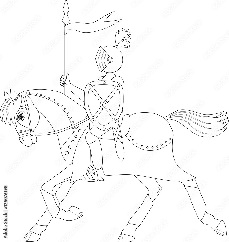 Knight on a running horse coloring page vector