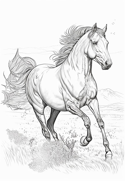 Premium ai image horse running in the field coloring pages generative ai
