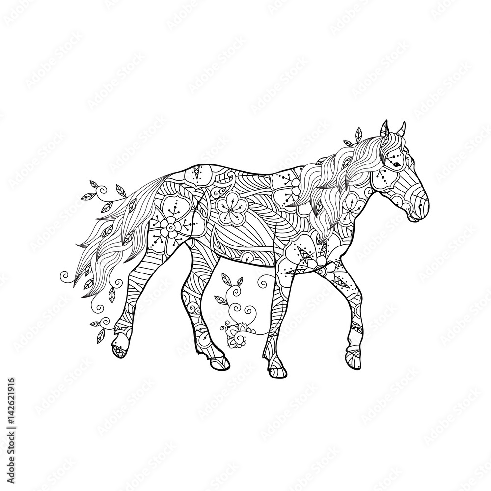 Coloring page in zentangle inspired style running horse ornate by flowers and leaves isolated on white background vector