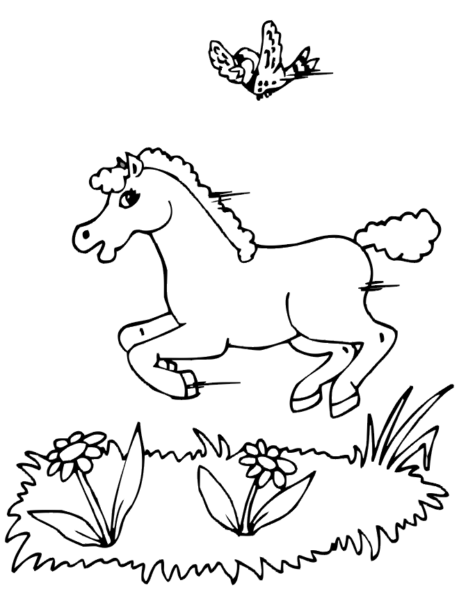 Horse coloring page bird flying horse running