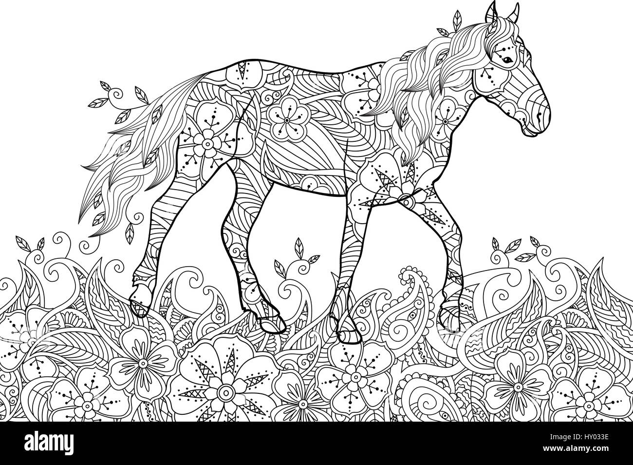 Coloring page in zentangle inspired doodle style running horse on flowering meadow stock vector image art
