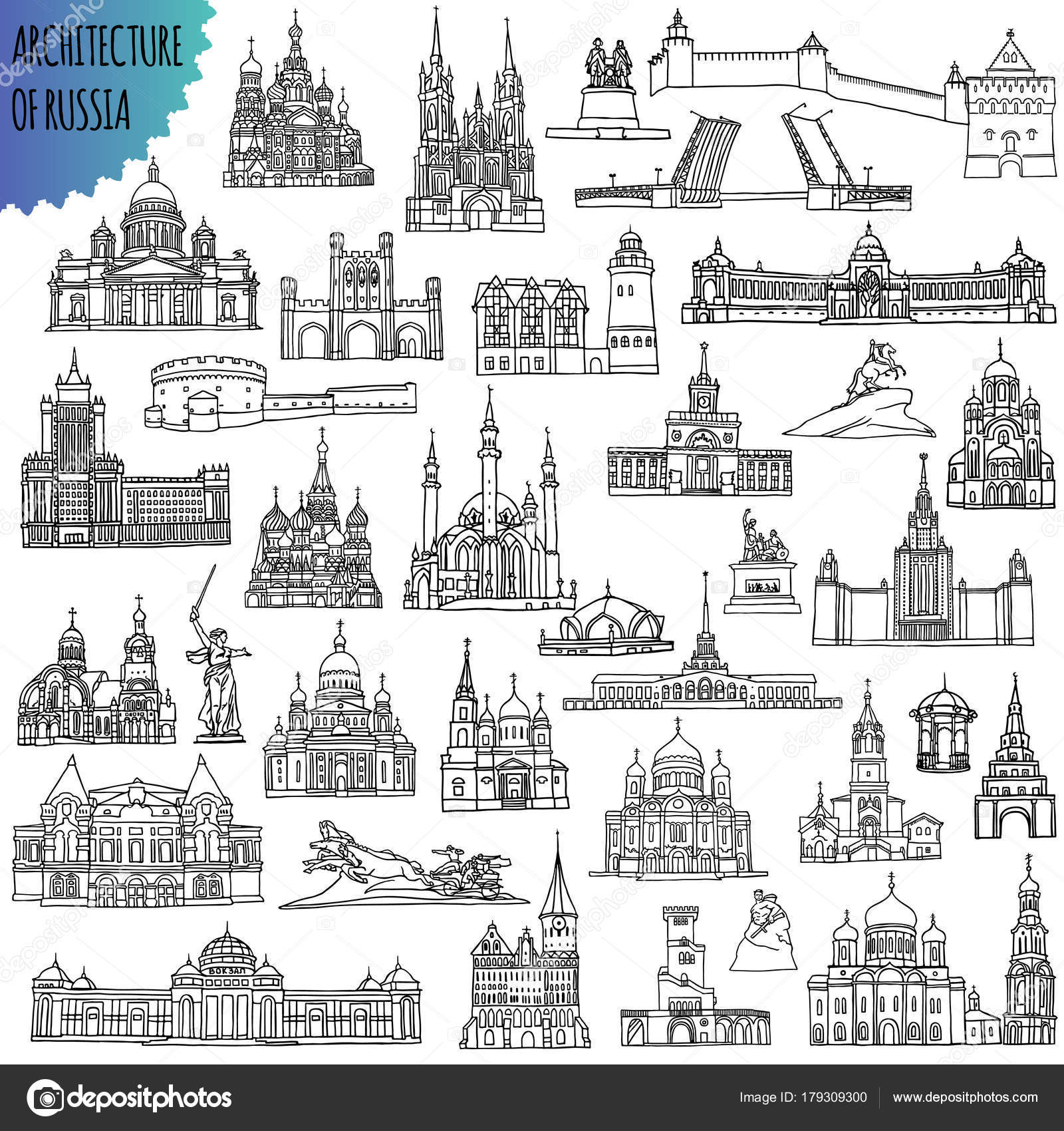 Set of russian famous buildings located in the cities