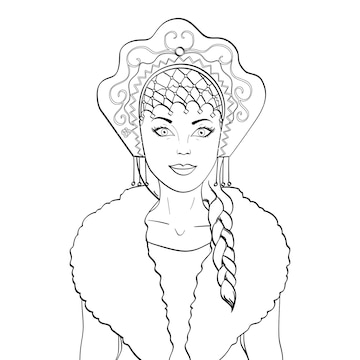 Premium vector russian girl with a scythe and in kokoshnike national clothes of russia coloring book