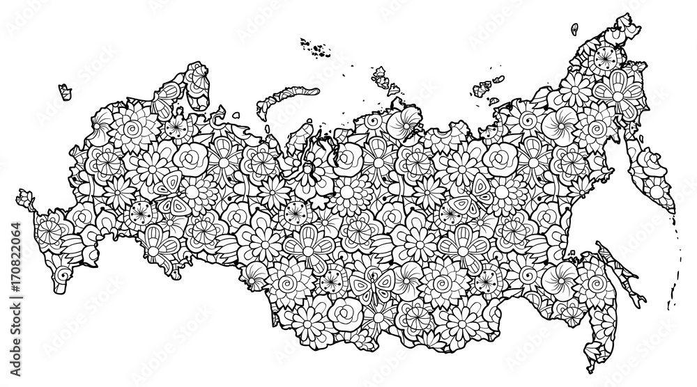Map of russian federation with flowers black and white vector illustration coloring page for adults vector