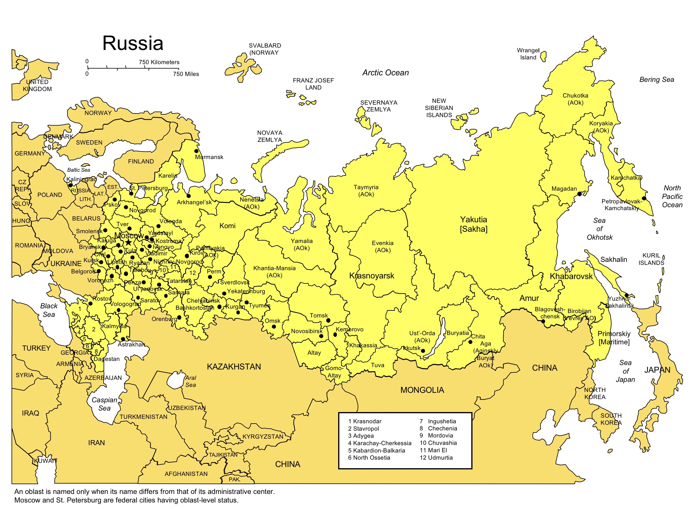 Russia map for powerpoint administrative districts capitals
