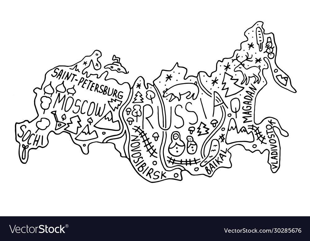 Hand drawn doodle russia map russian city names vector image