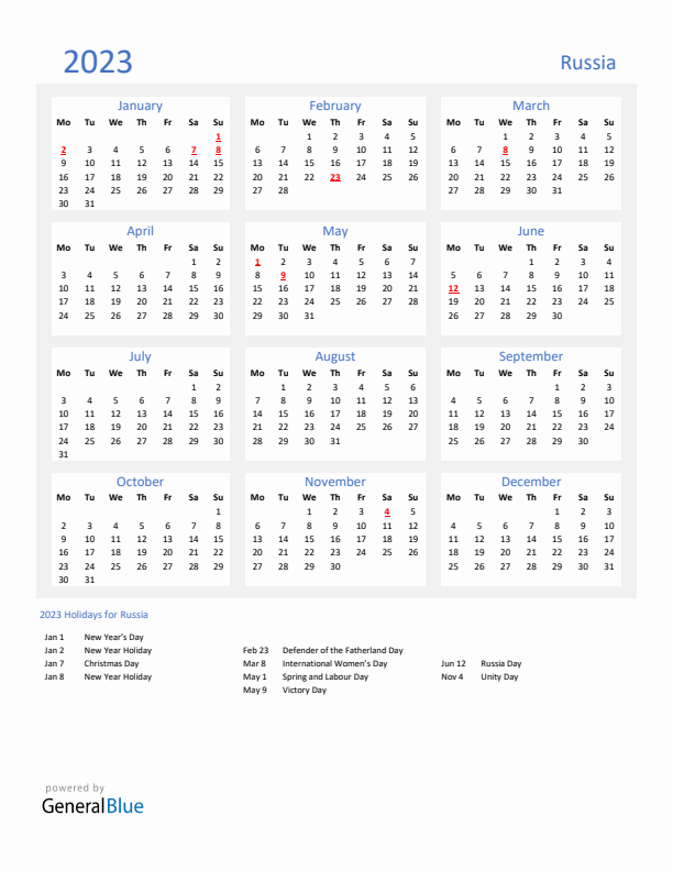 Russia calendar with holidays