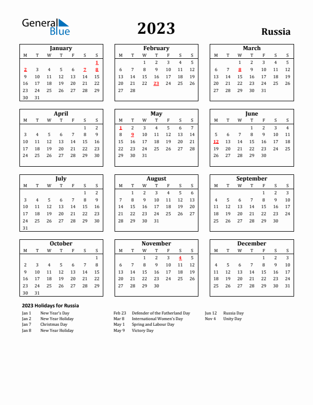 Russia calendar with holidays