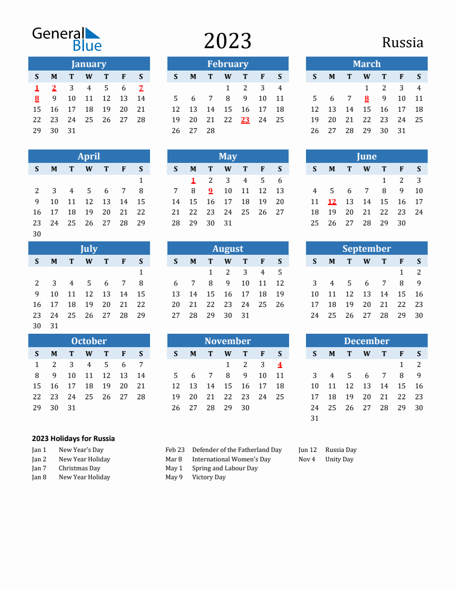Printable calendar with russia holidays