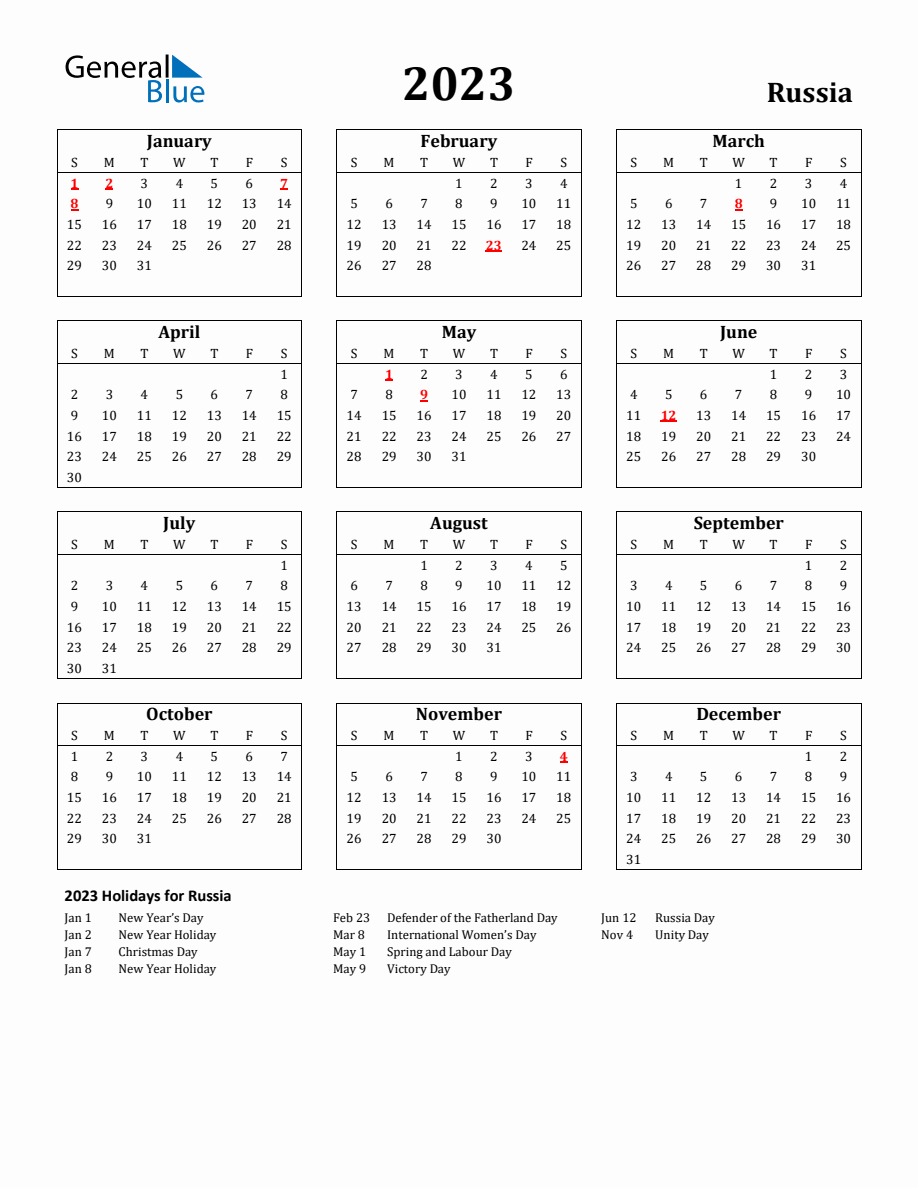 Free printable russia holiday calendar