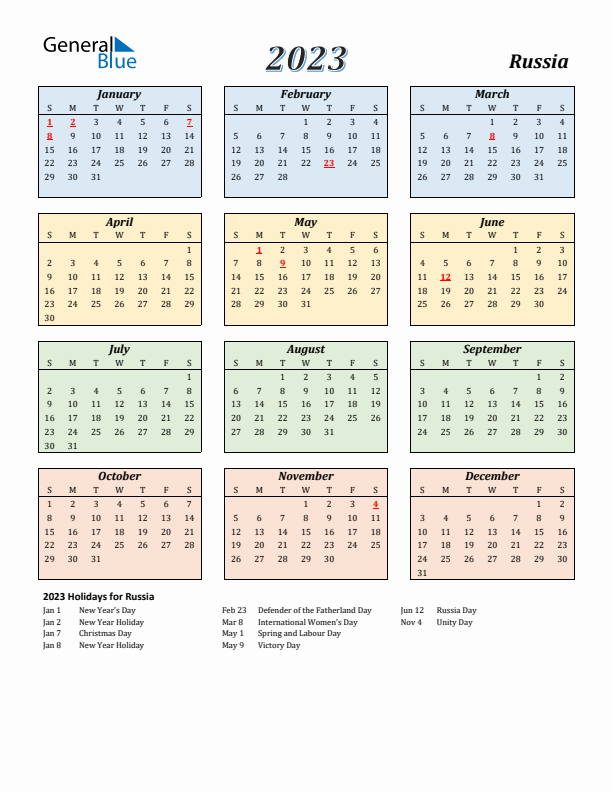 Russia calendar with holidays