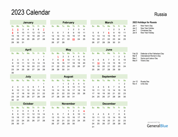 Russia calendar with holidays