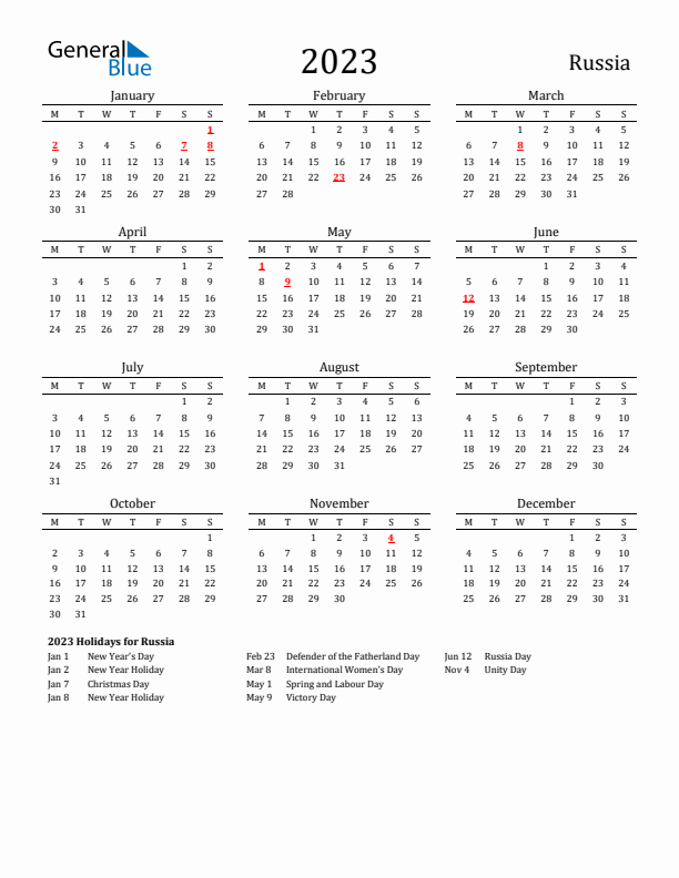 Russia calendar with holidays