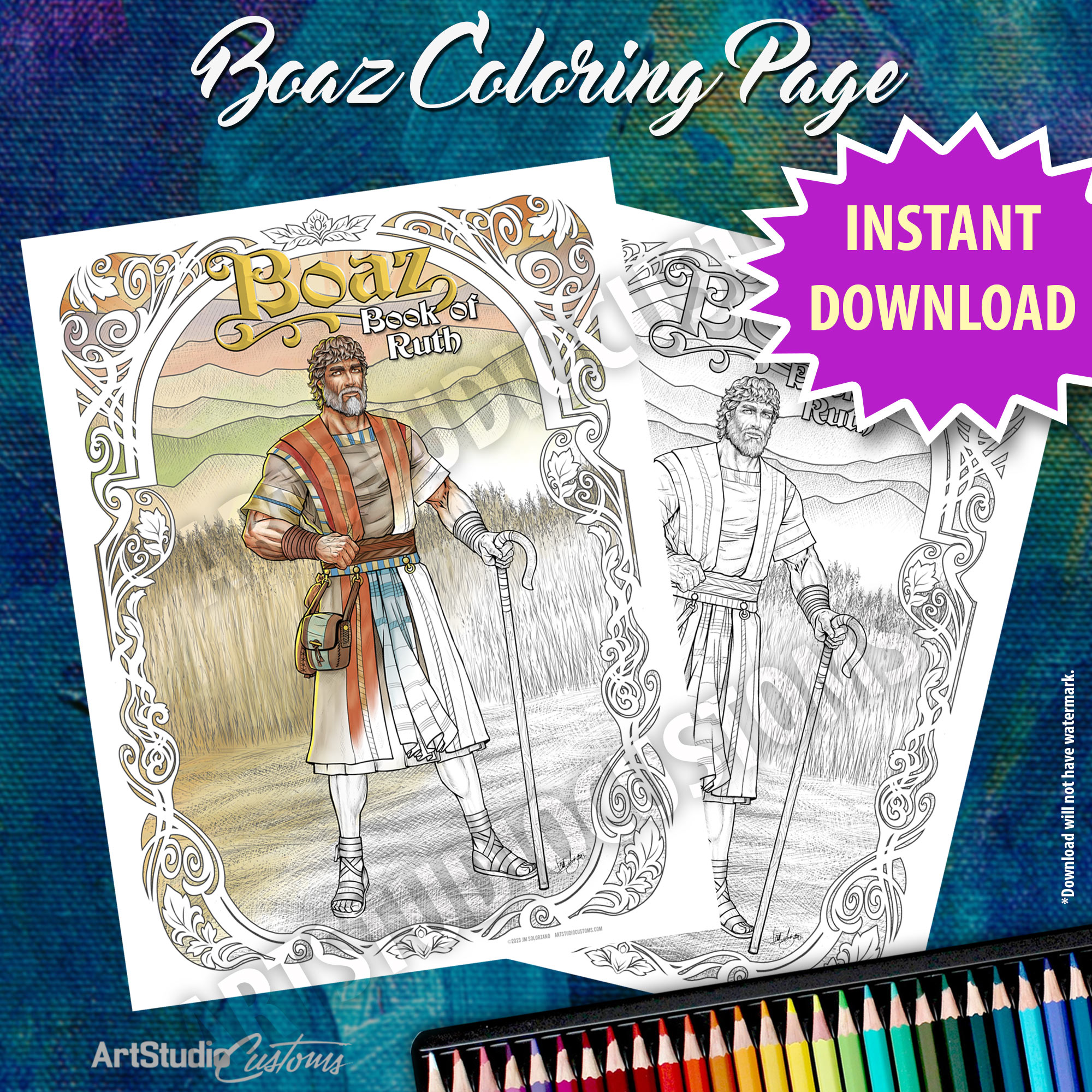 Printable boaz coloring page from the old testament black and white line art jpg pdf digital download