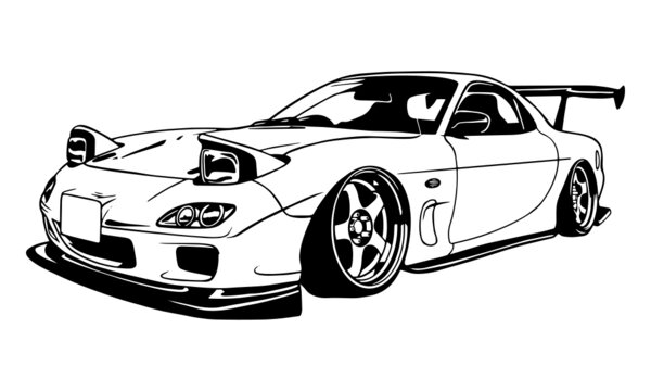 Sports car super car drift racing auto vector monochrome illustration cutting file ploterdatei t shirt design print vinyl decal black and white illustratin vector