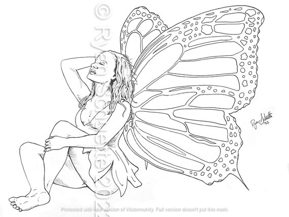 Sunbathing fairy ryan schuette premium coloring page printable adult coloring page instant download grayscale illustration