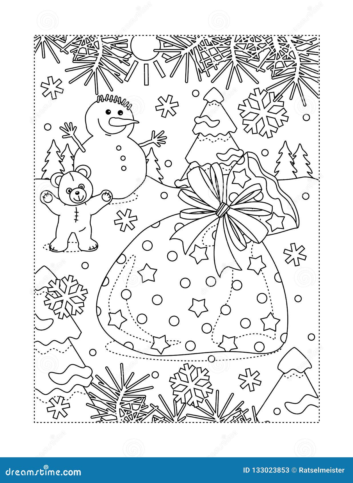 Coloring page with santas sack full of presents stock vector