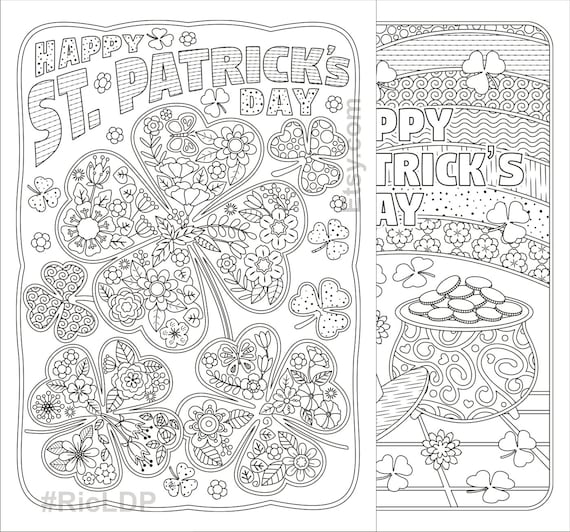 St patricks day coloring pages flowers and clover leaves rainbow pot of gold shamrock design digital download