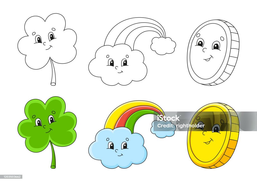 Set coloring page for kids st patrick s day clover shamrock magic rainbow gold coin cute cartoon characters black stroke vector illustration with sample stock illustration