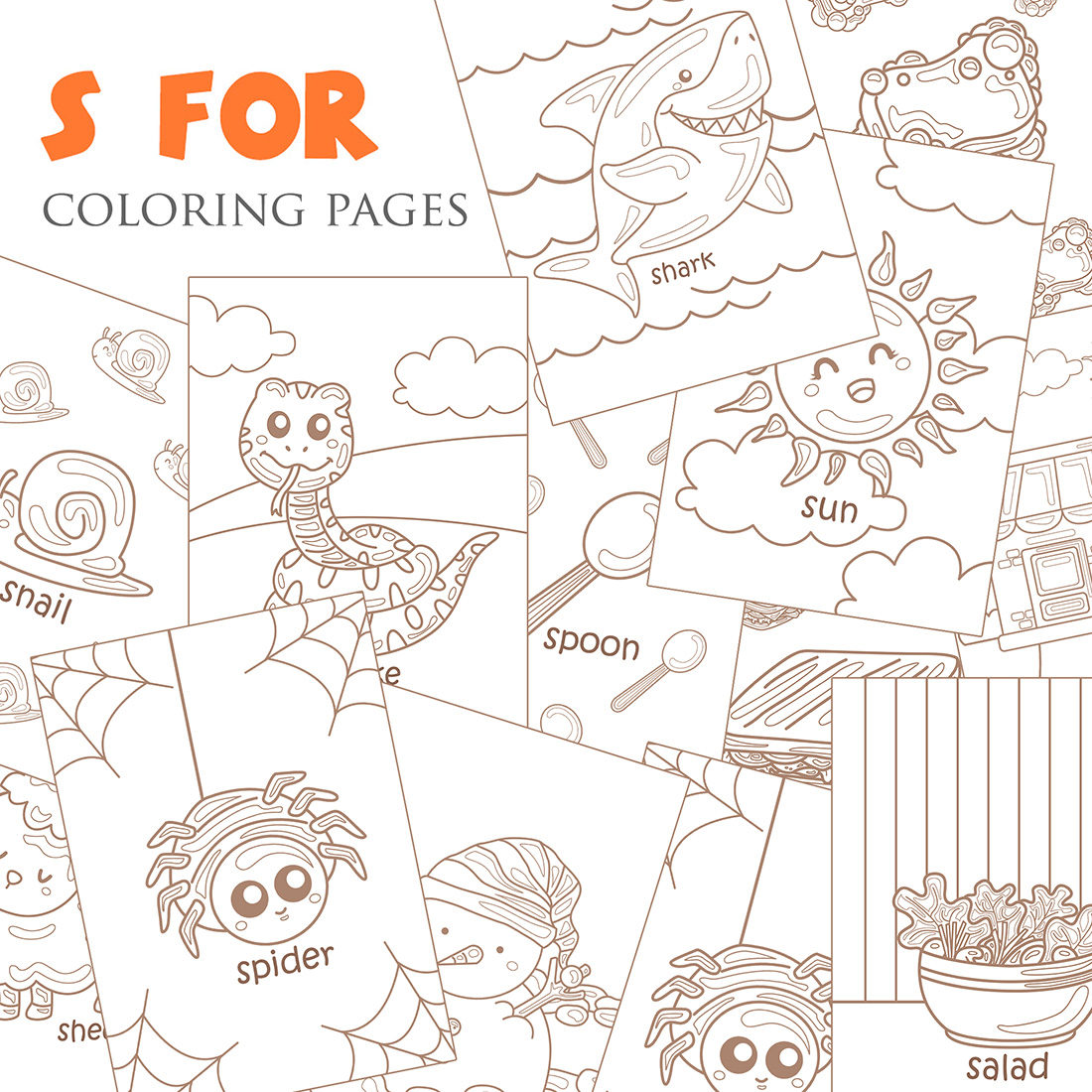 Alphabet s for shark sandwich soap snail snake salad spoon snowman spider shop sheep sun vocabulary school lesson cartoon coloring pages for kids and adult